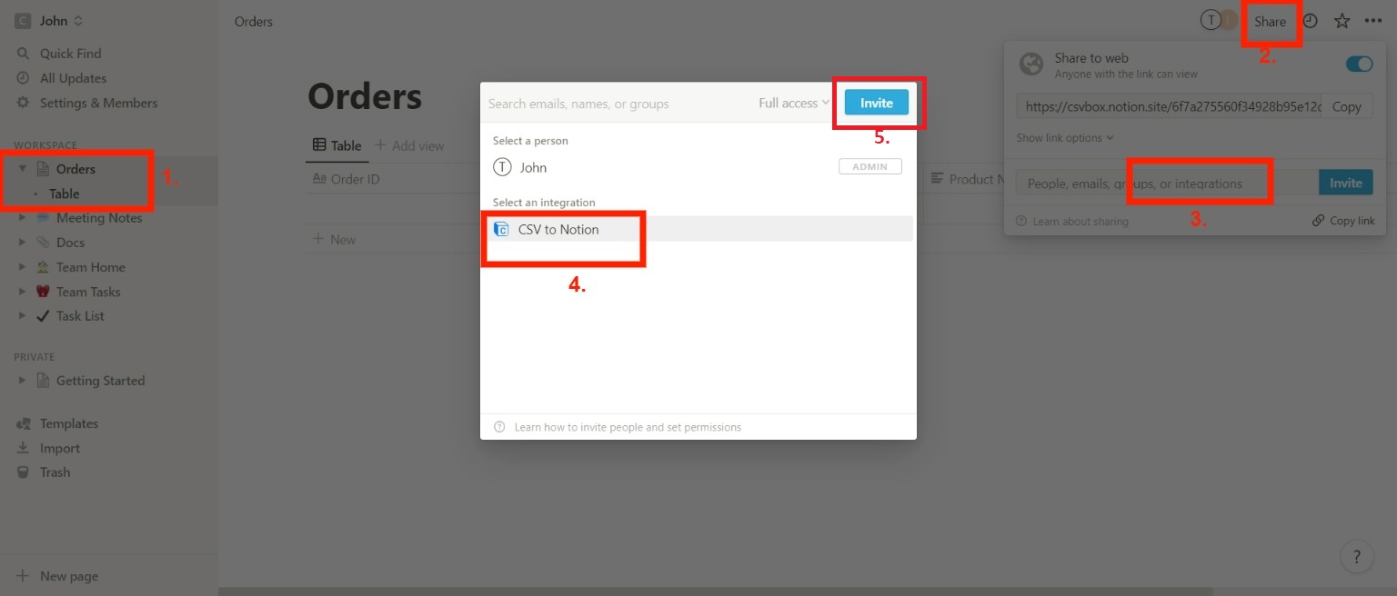 Share workspace with CSVbox integration