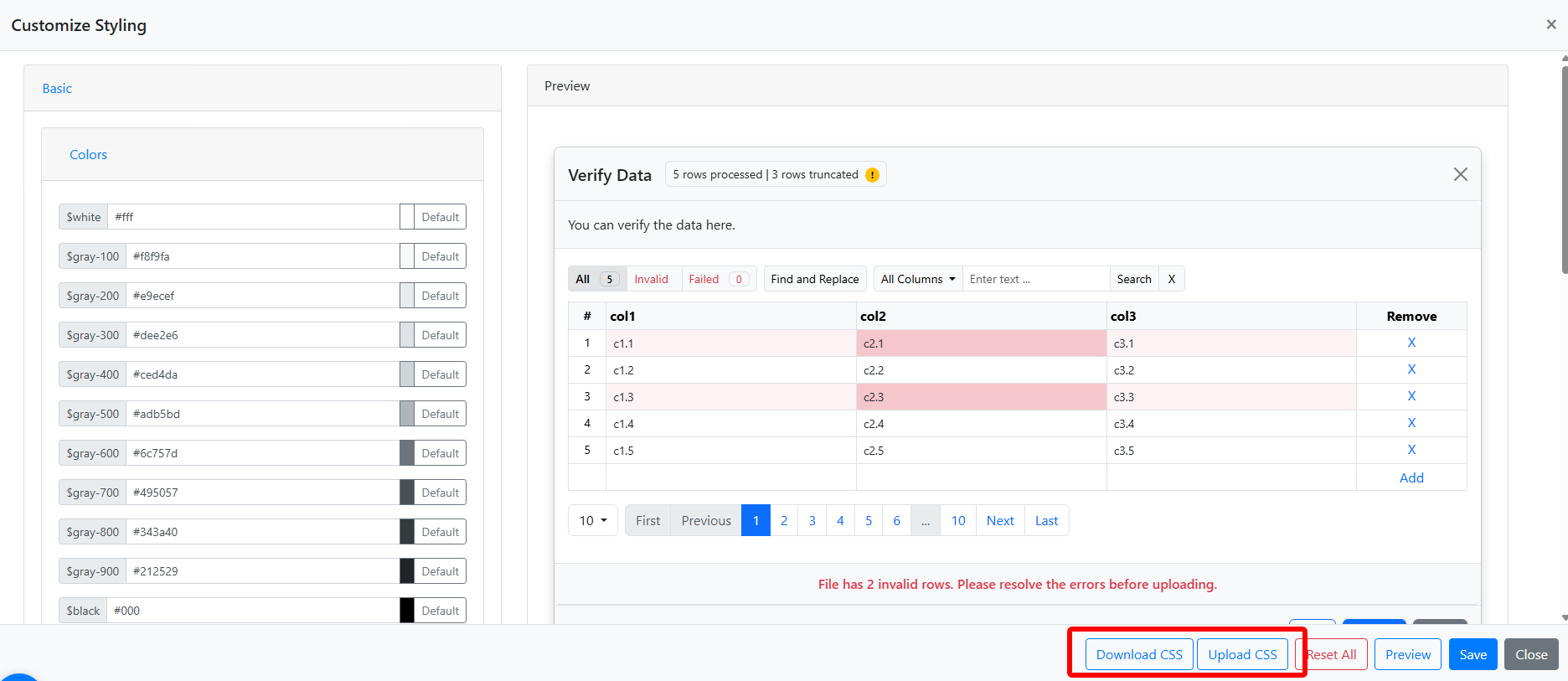 Download CSS and Upload CSS buttons in the Customize Styling section