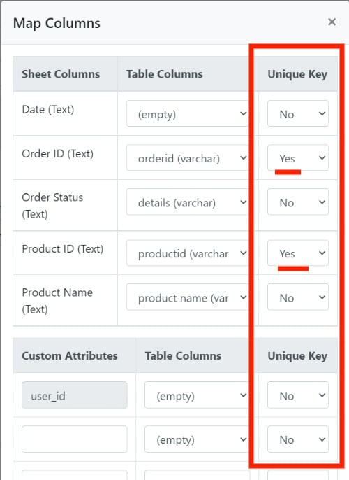 Define unique key for upsert operation