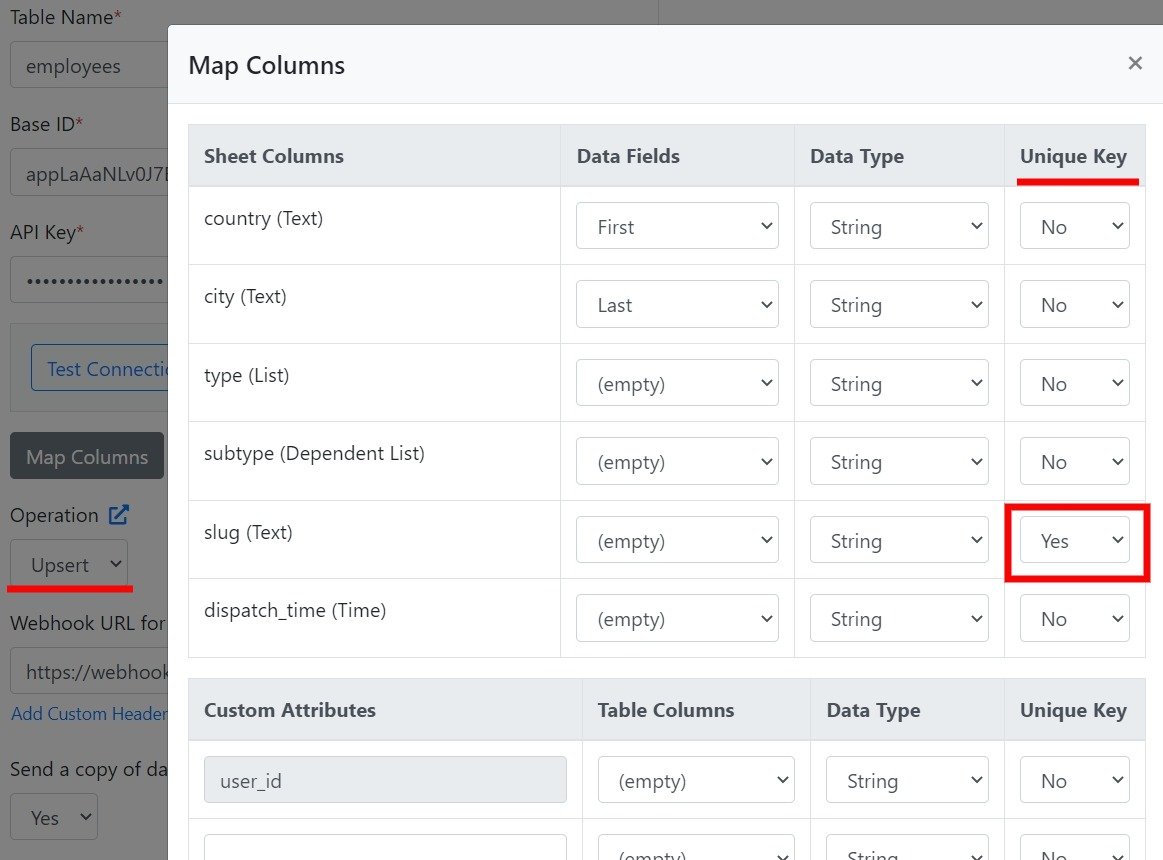 Select the unique column for an Airtable upsert