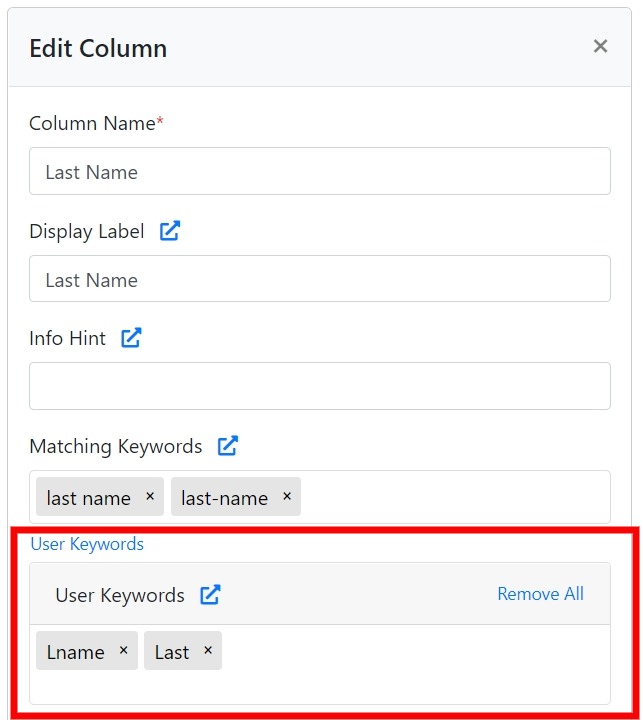 User Keywords in Column Settings