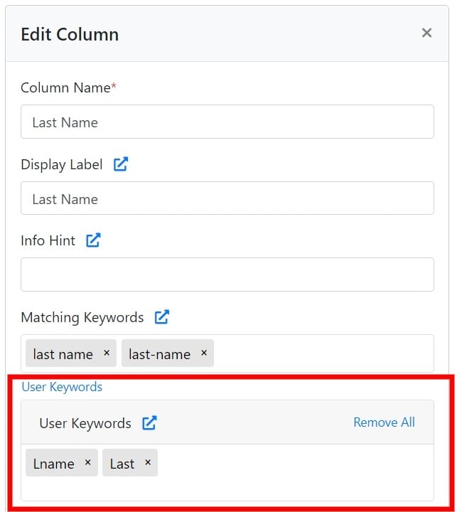 User Keywords in Column Settings