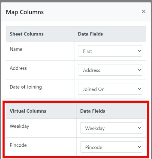 Mapping virtual columns to destination fields