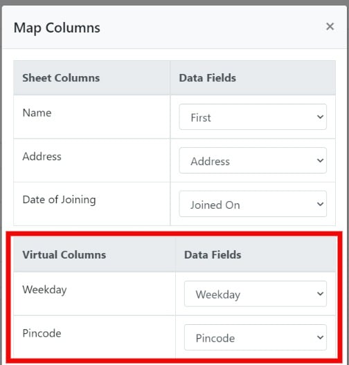 Mapping virtual columns to destination fields