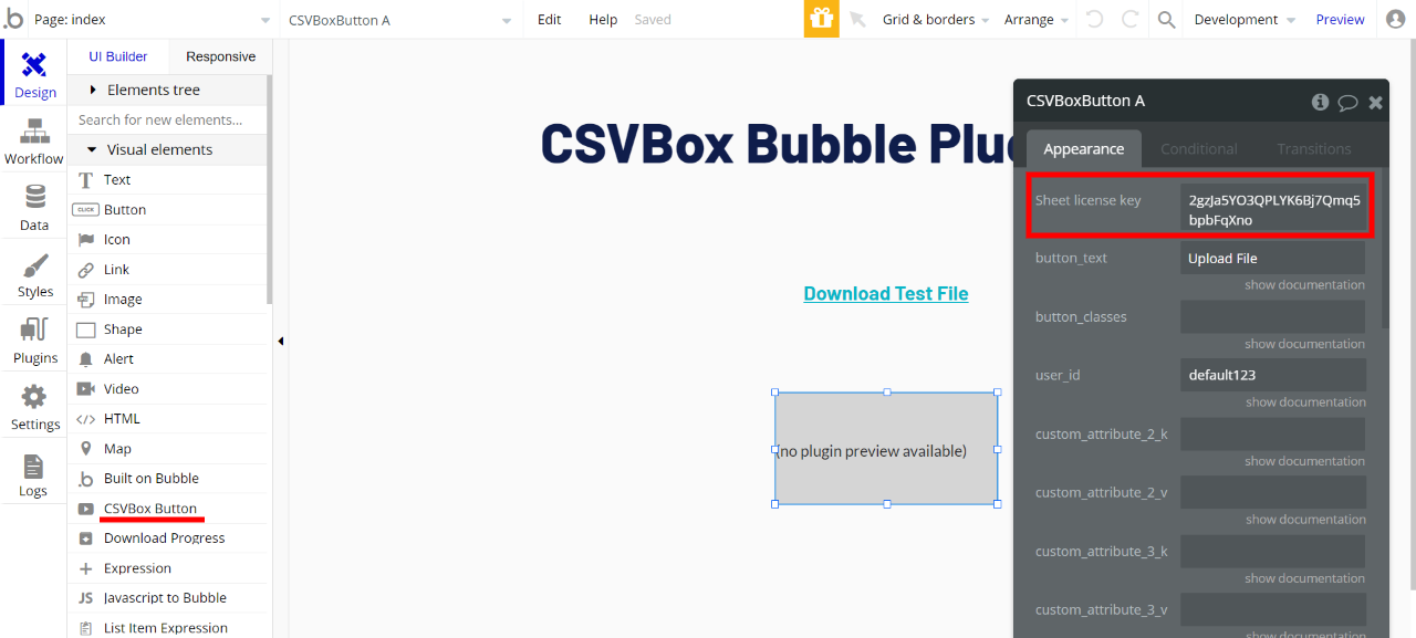 Bubble app CSVBox Button element