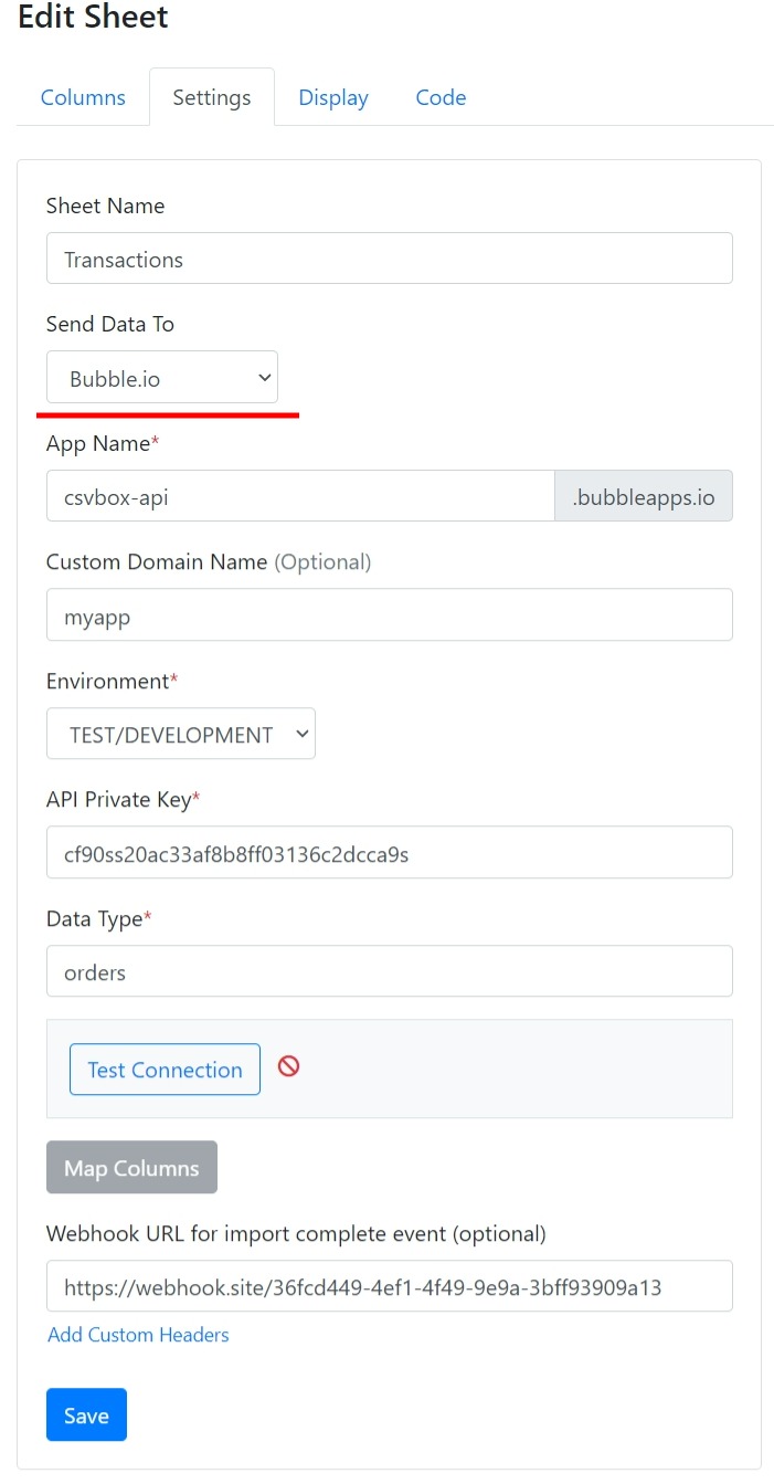 Bubble.io data destination settings
