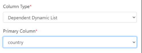 Dependent List column with Country selected as the primary column