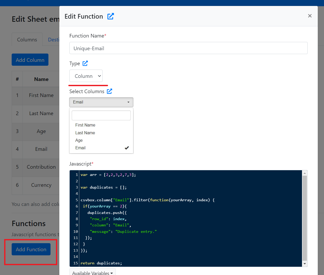 Add Functions dialog with the Column function type selected