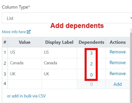 Adding dependent city values to a country value