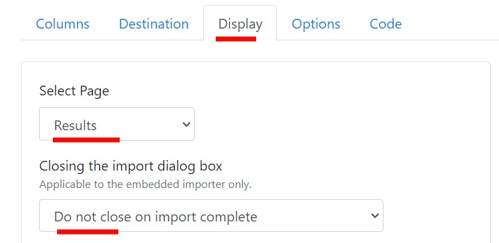 Results Page setting set to Do not close on import complete