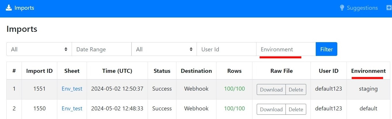 Filter via Environment on the Import page