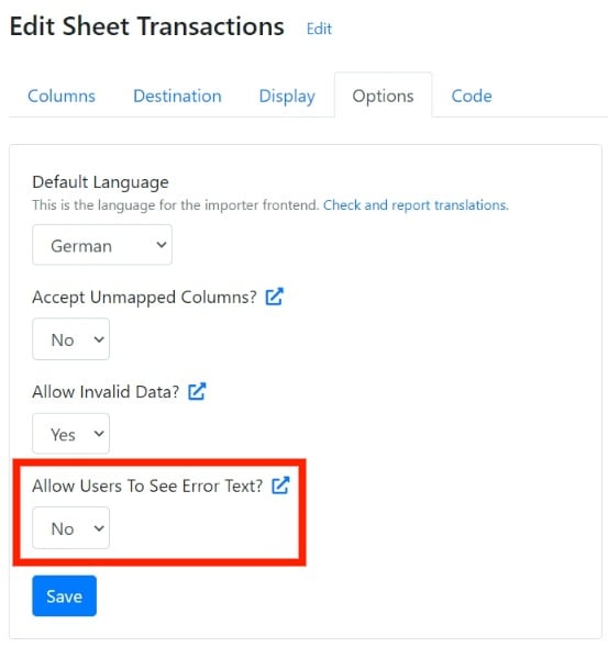 Show Error Text option in sheet settings