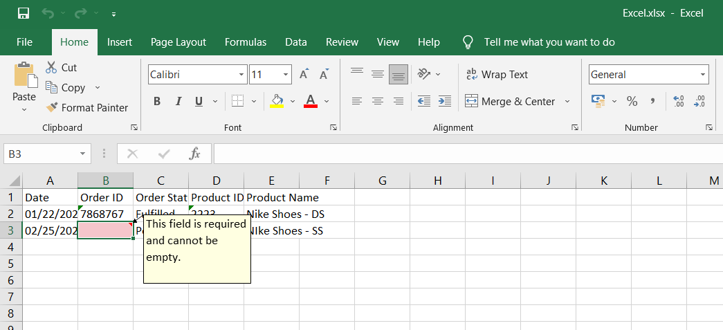 Exported Excel file with error highlighting