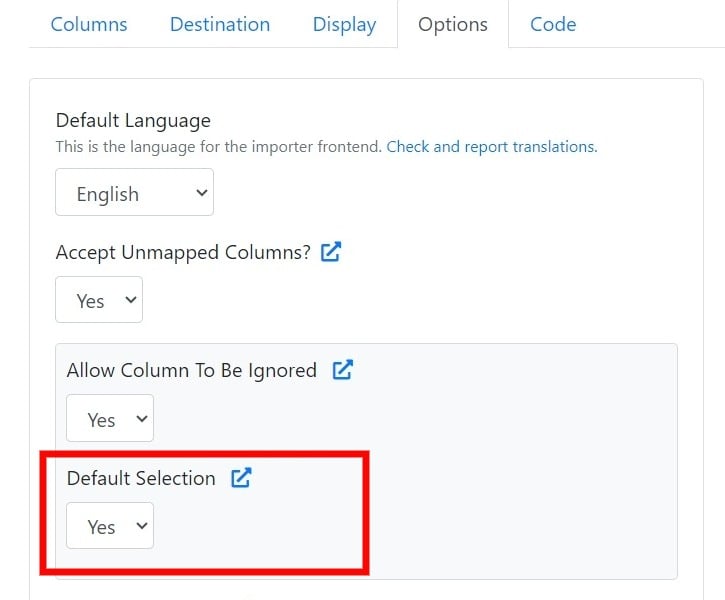 Default selection of columns as ignored