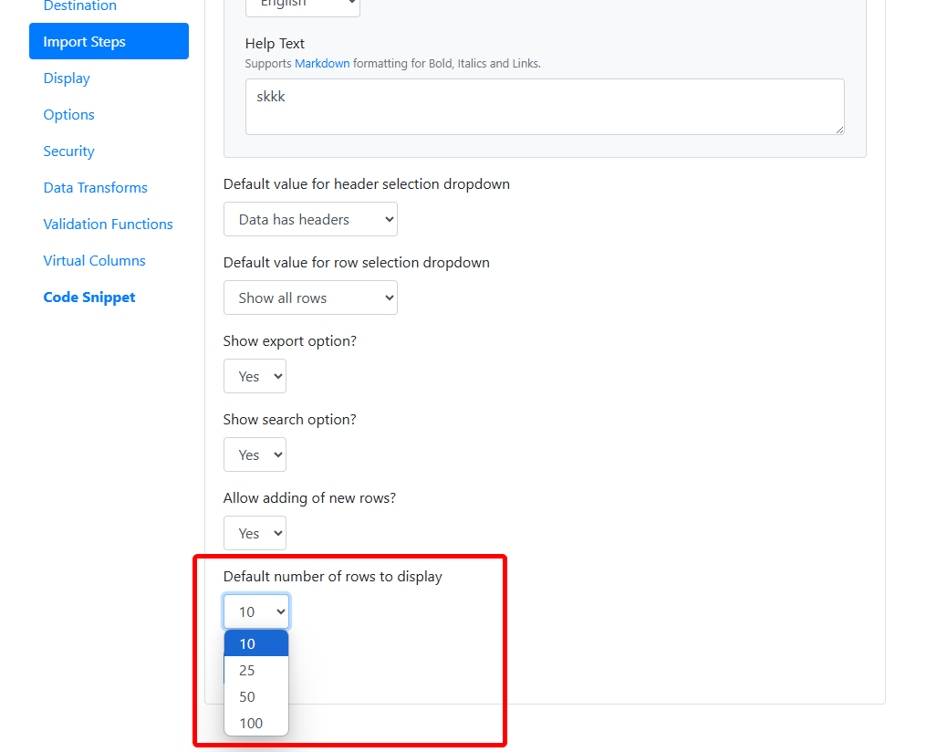Default number of rows setting