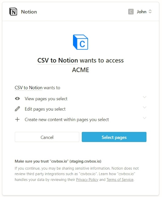 Notion integration authorization screen