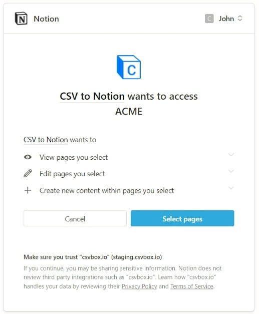 Notion integration authorization screen