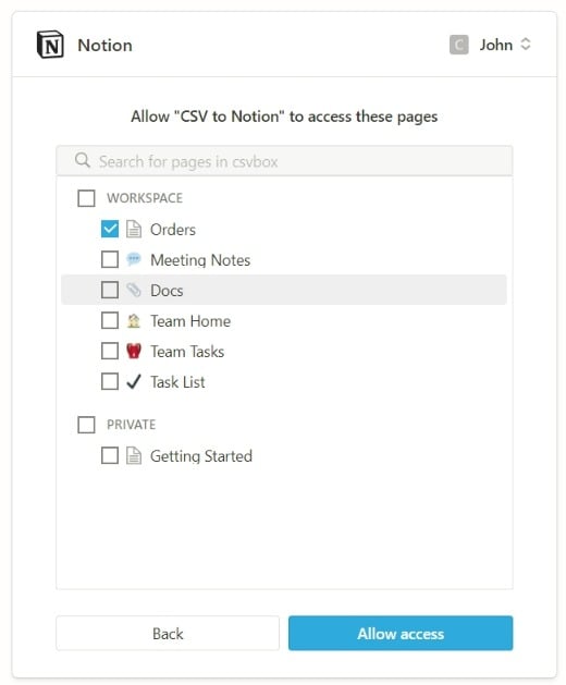 Select Notion pages to share