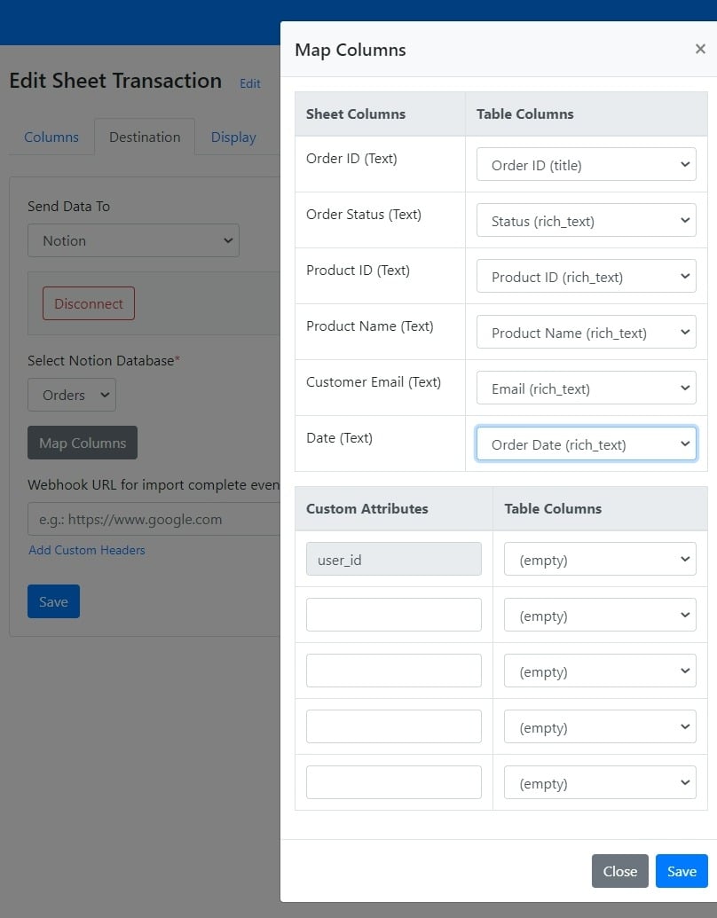 Map sheet columns to Notion database columns