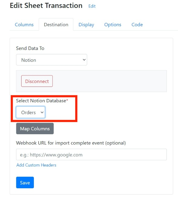 Select the Notion database