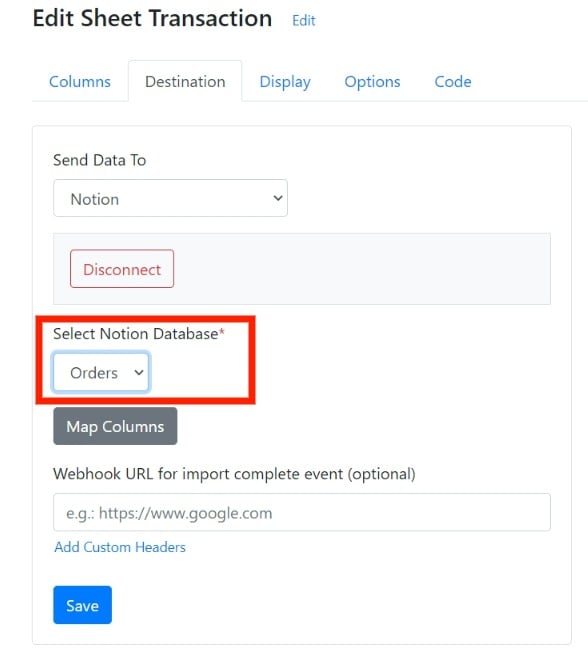 Select the Notion database