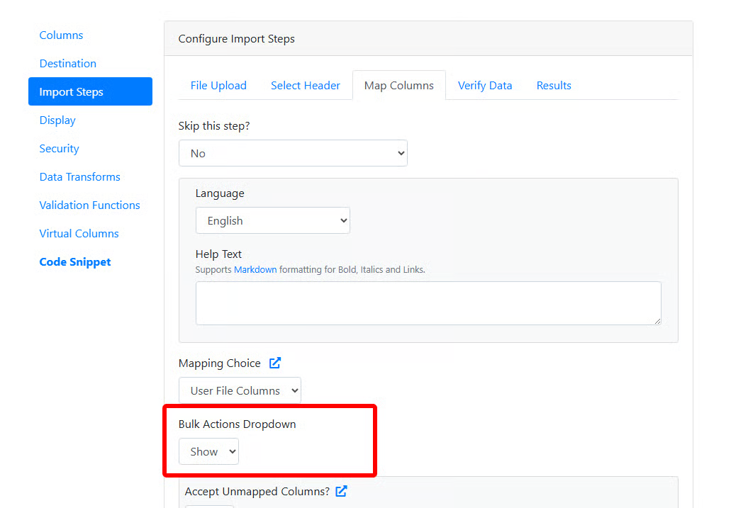 Bulk Actions menu on the Column Mapping screen