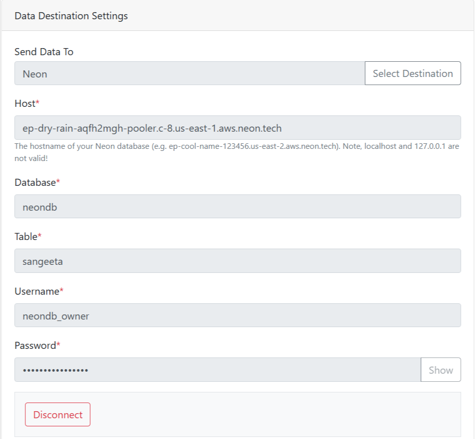 Neon database connection credentials