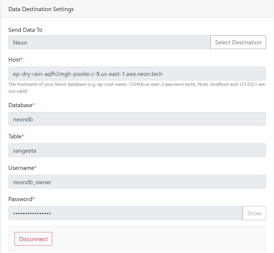 Neon database connection credentials