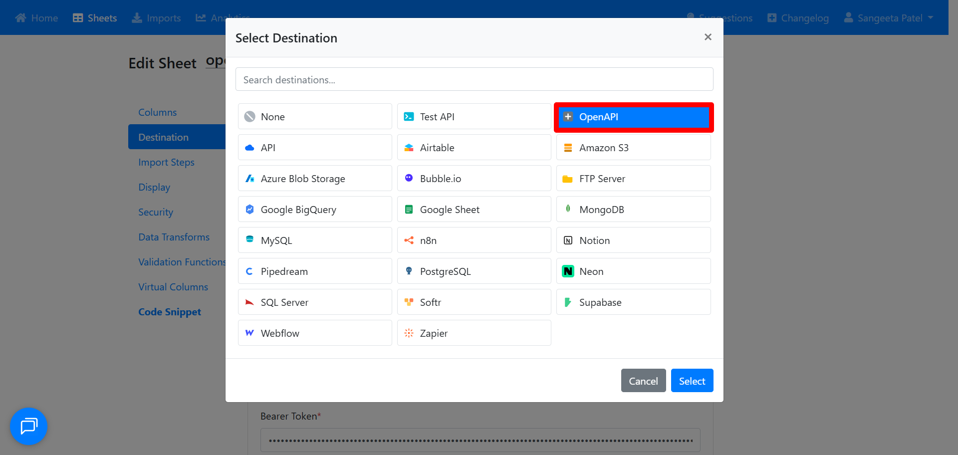 OpenAPI selected as the destination type