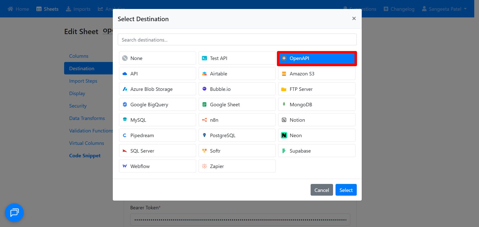 OpenAPI selected as the destination type