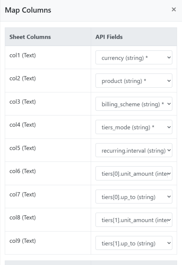 Map sheet columns to API endpoint fields