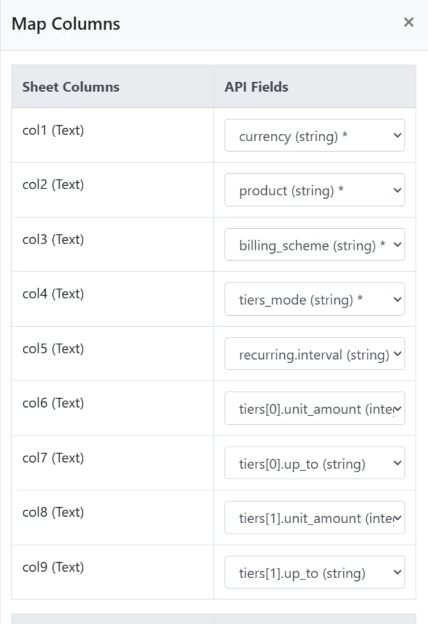 Map sheet columns to API endpoint fields