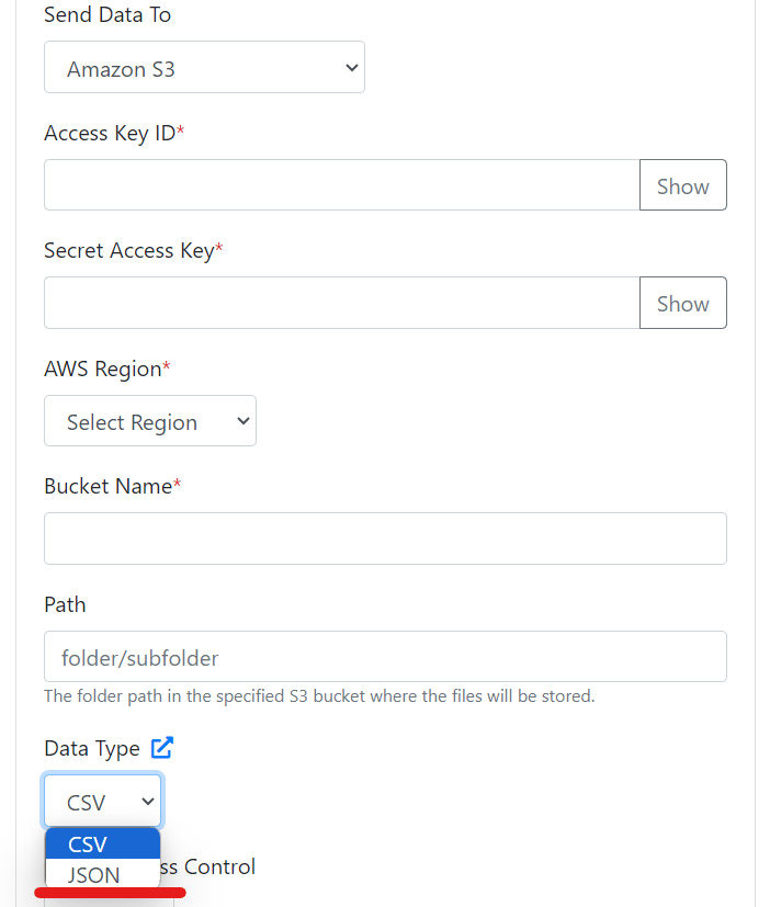 JSON file type option for the S3 destination