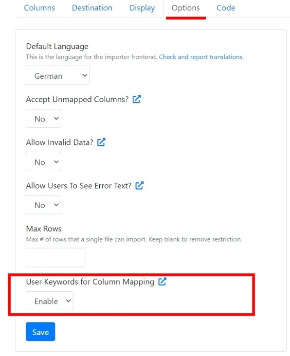 Option to disable user keyword based column mapping