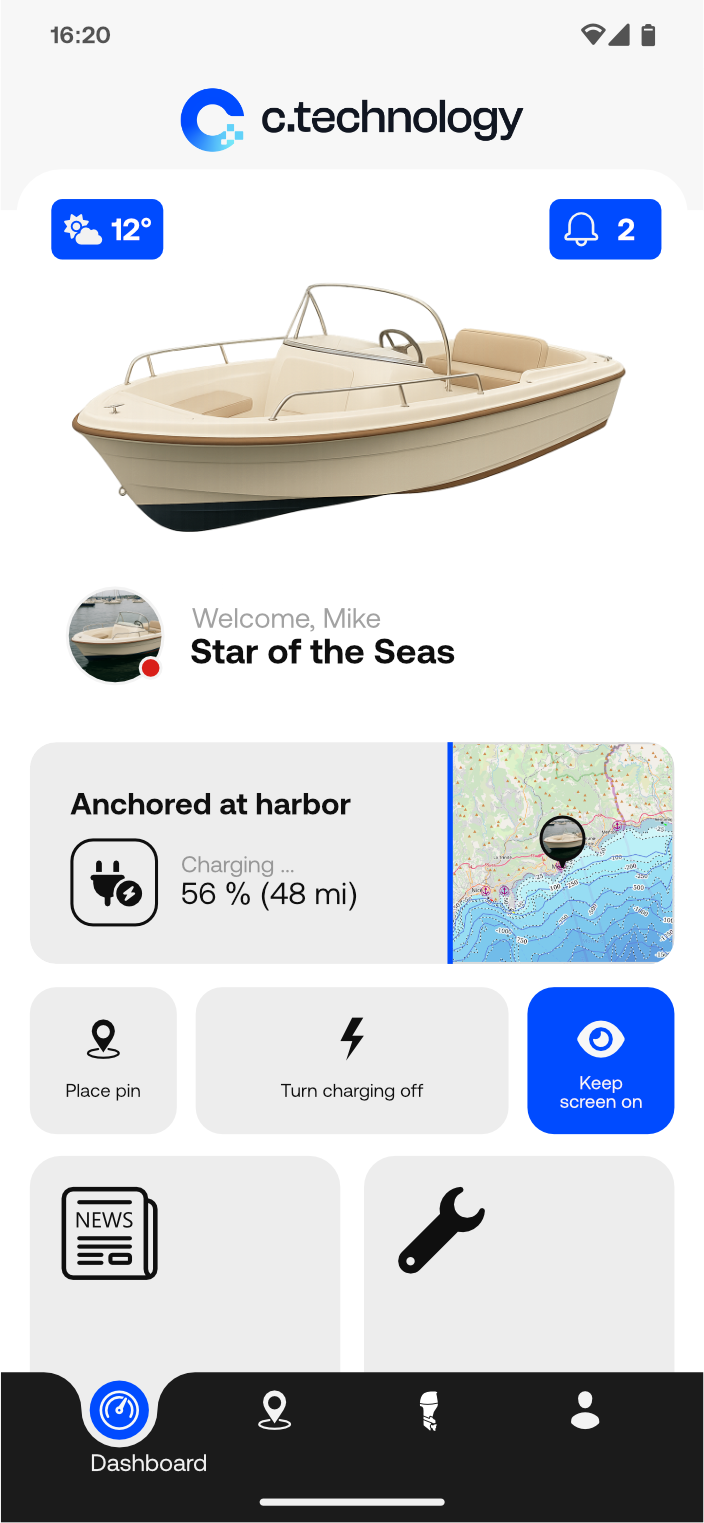 Mobile app showing private vehicle owner dashboard with key metrics and navigation
