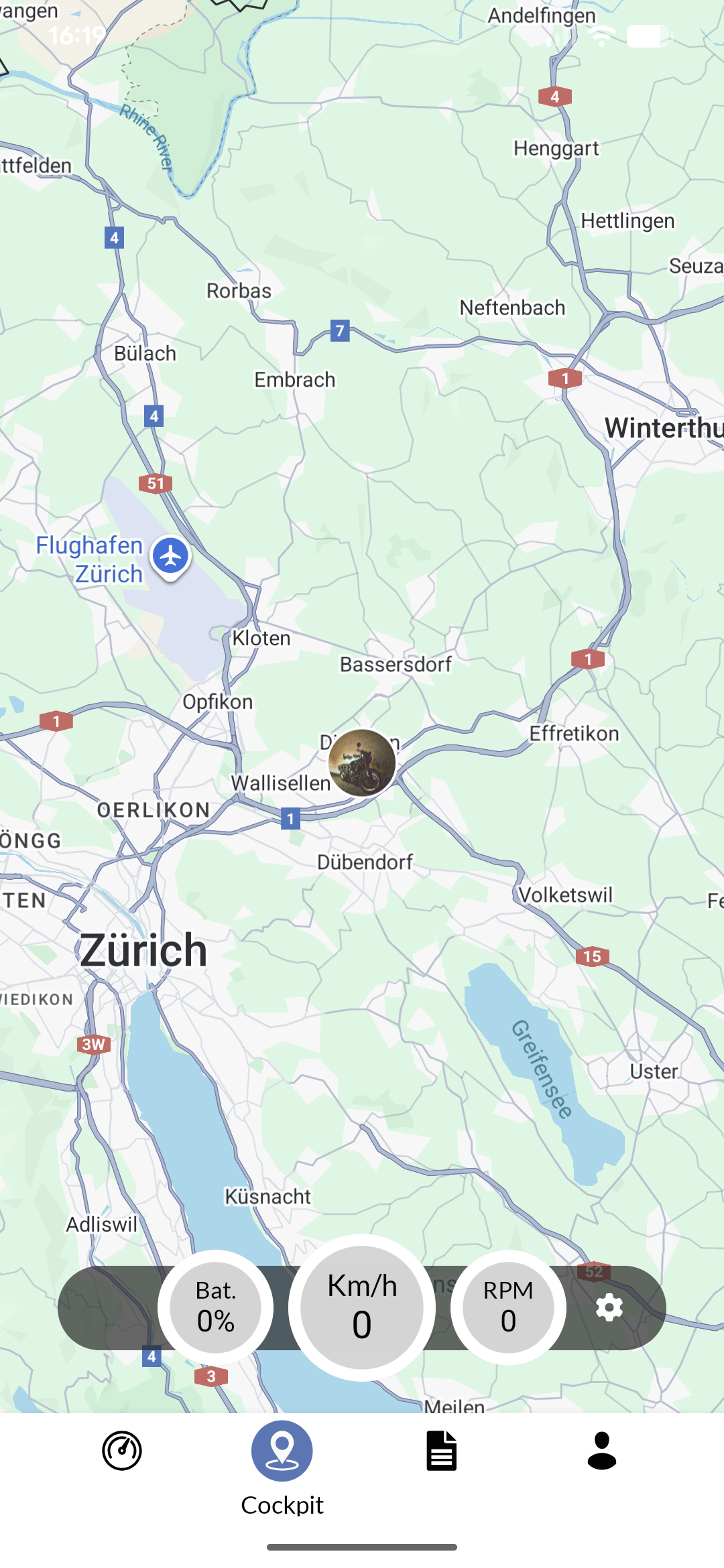 Mobile app showing vehicle cockpit interface with real-time data and controls