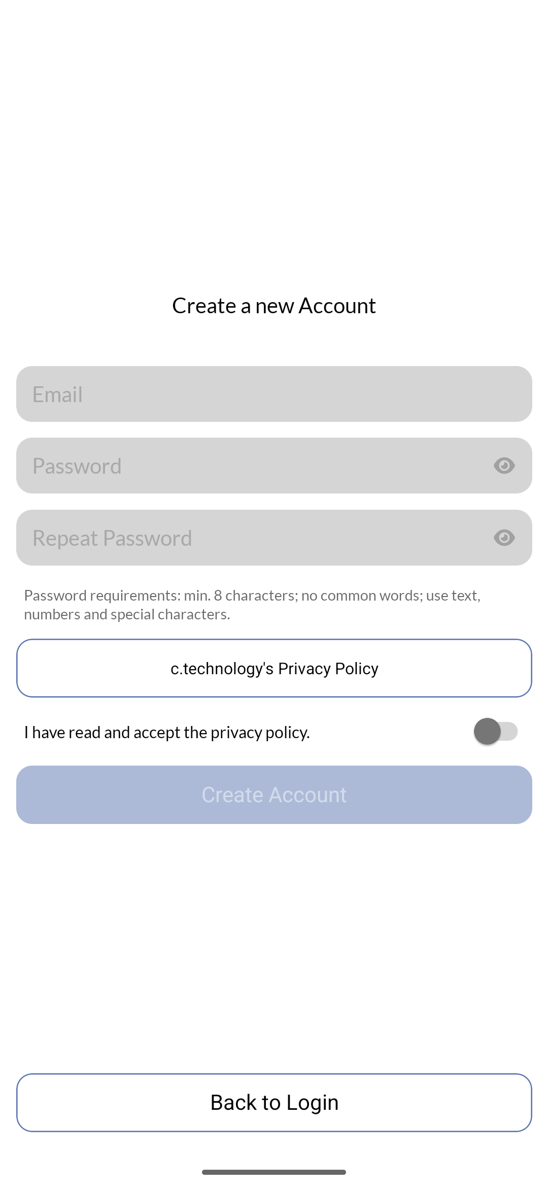 Mobile app showing account creation form with registration fields