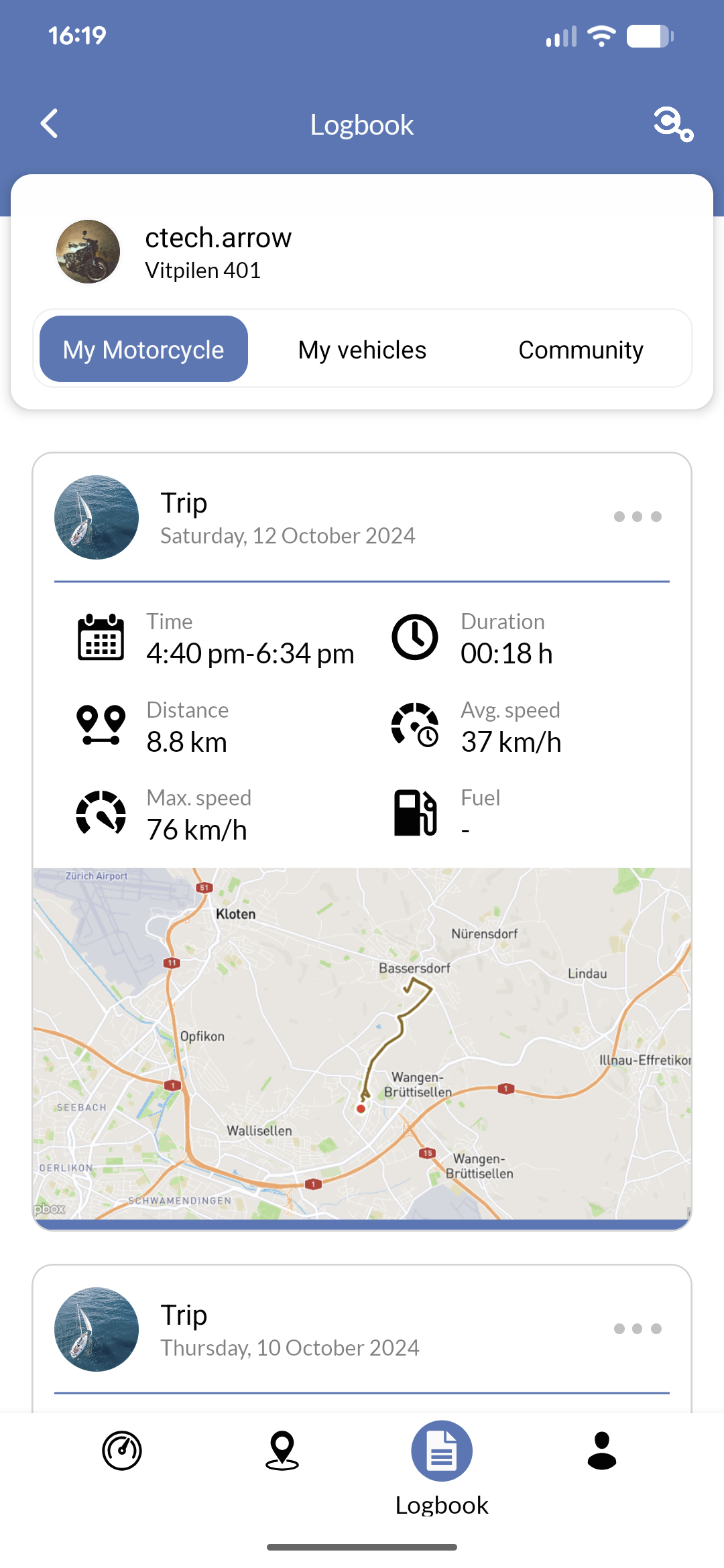 Mobile app showing logbook with trip history and vehicle journey details
