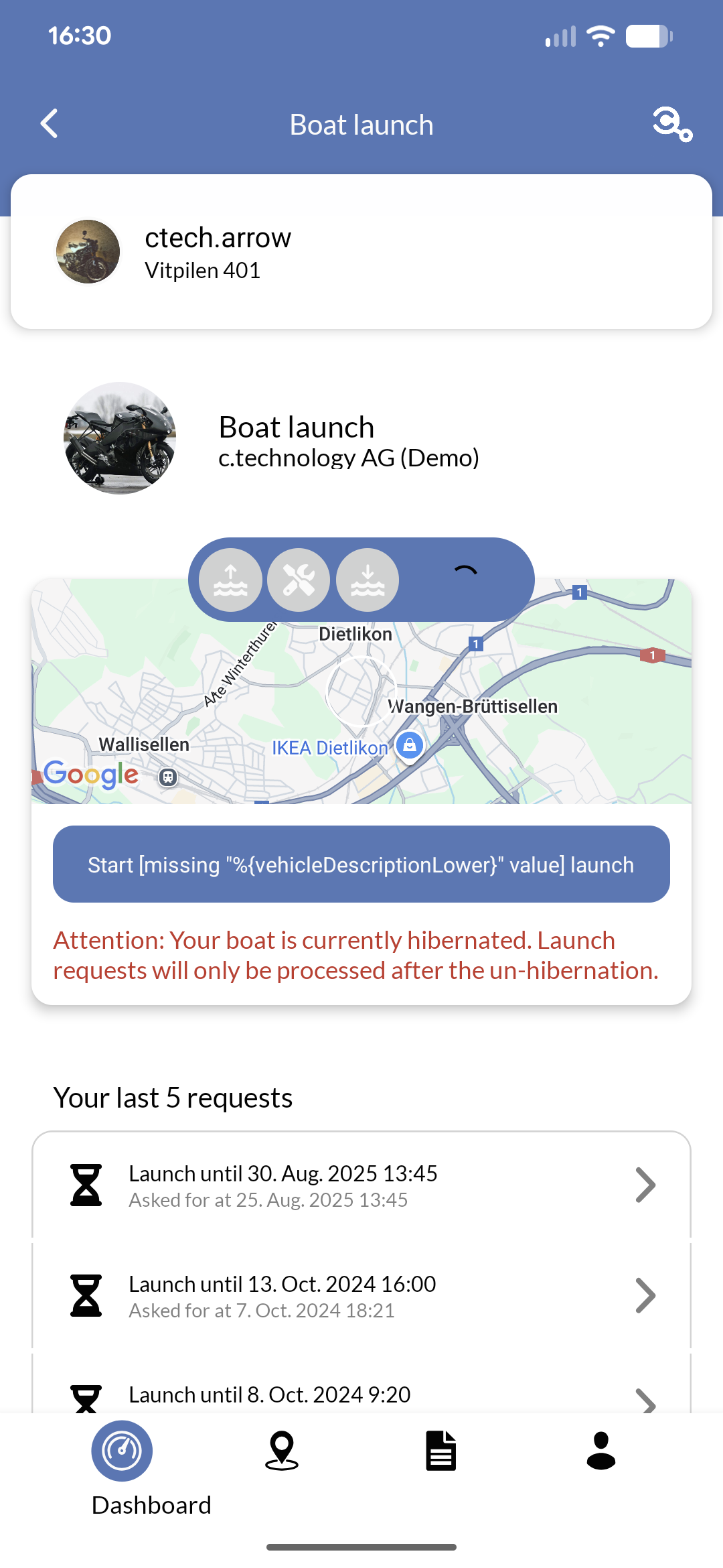 Mobile app showing vehicle apps interface with custom service applications and features