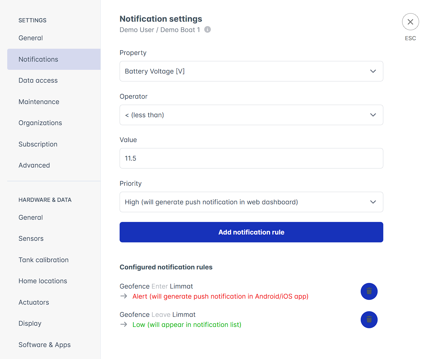 Web application showing notification rules configuration interface with property selection and thresholds