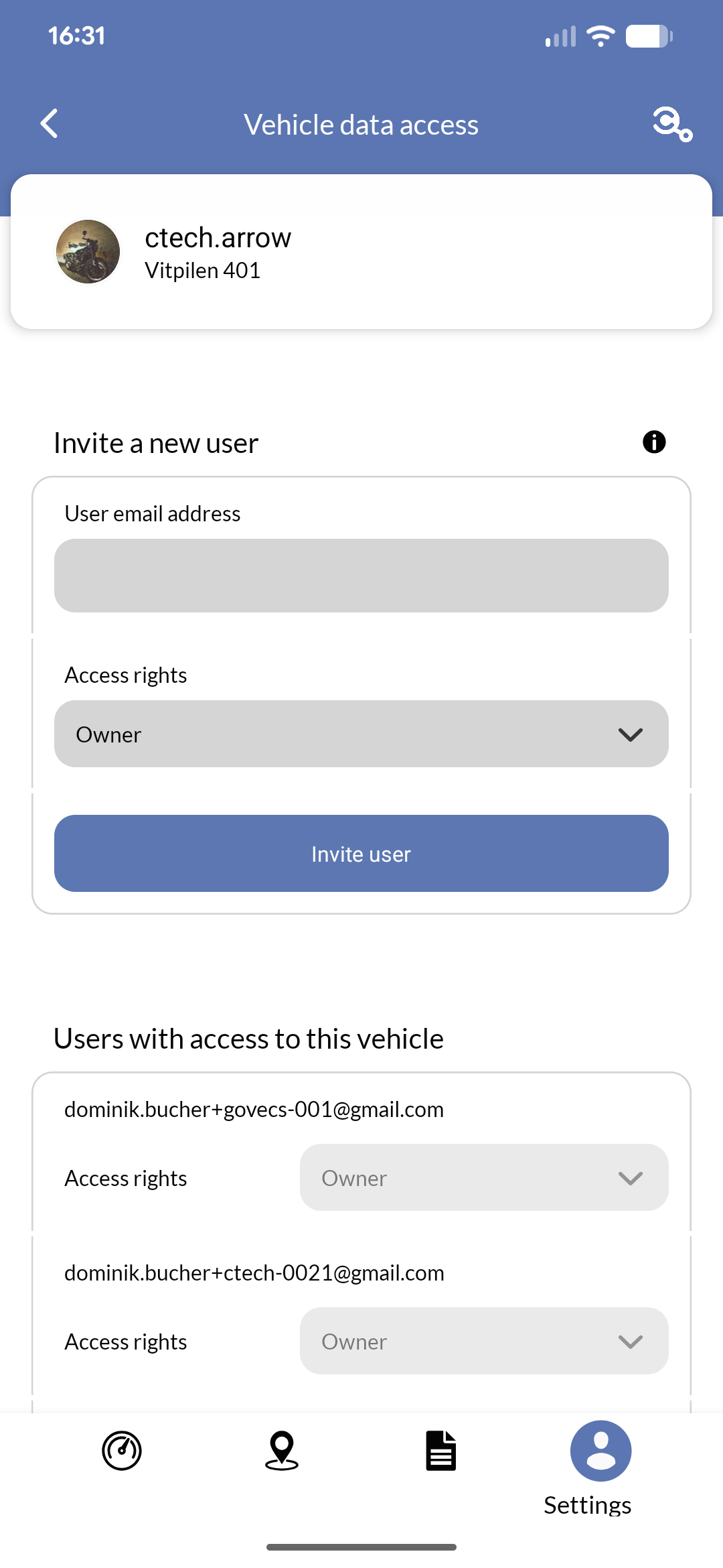 Mobile app showing user access management with invitation and permission settings