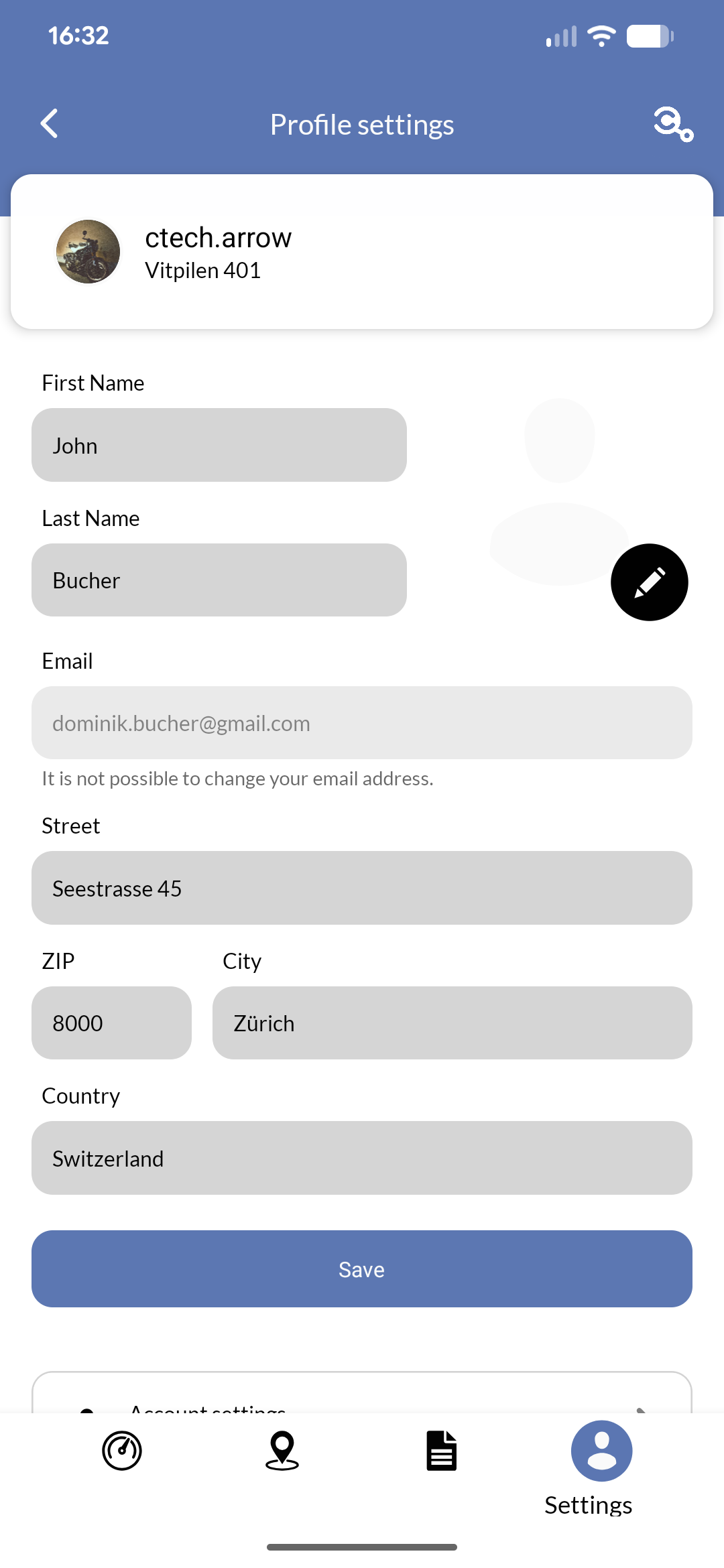 Mobile app showing user settings with personal information and account options