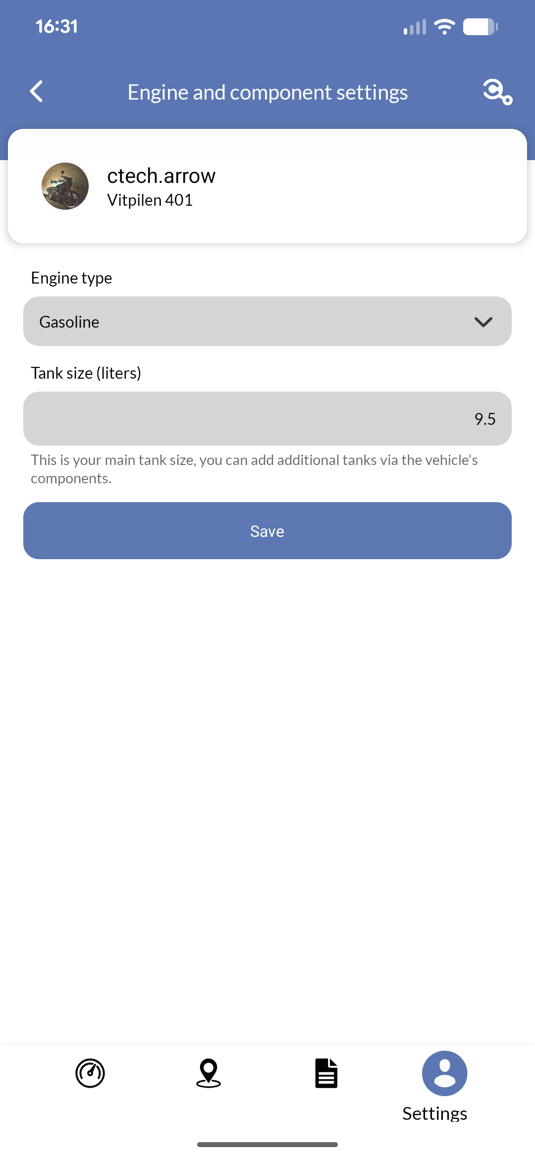Mobile app showing vehicle engine settings with configuration and monitoring options
