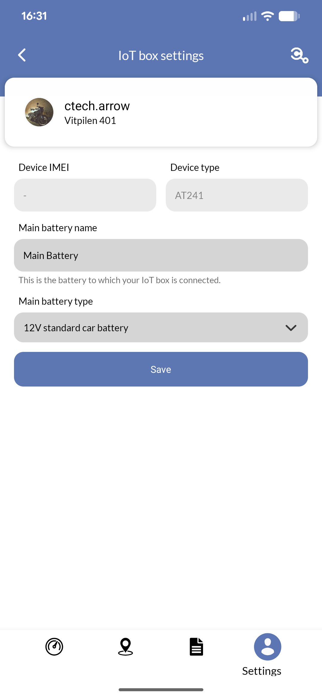 Mobile app showing IoT device information with model, firmware version, and connection status