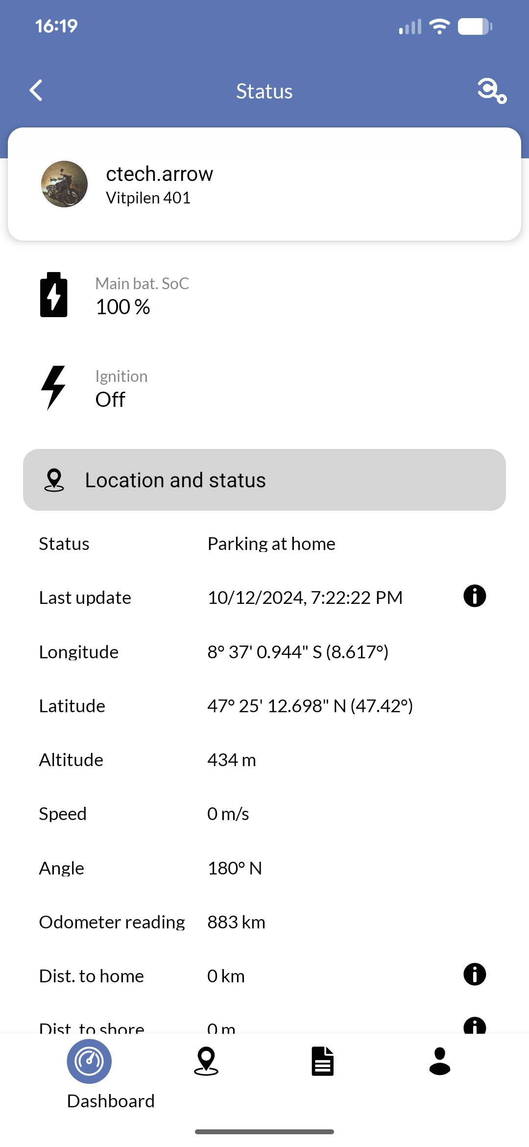 Mobile app showing detailed vehicle status screen with parameters and categories