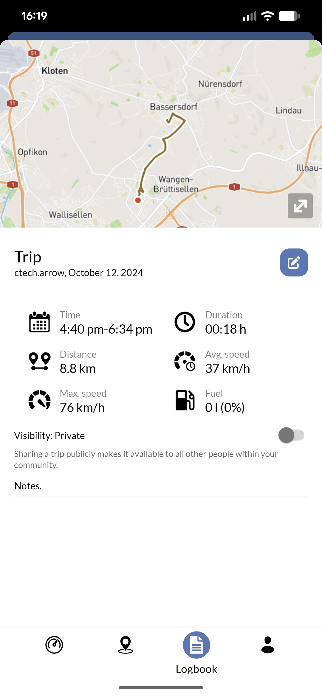 Mobile app showing detailed trip view with route map and travel statistics