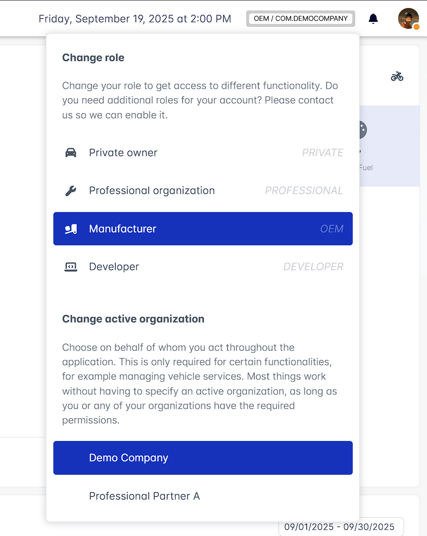 Mobile app showing role switching interface for multiple organization access