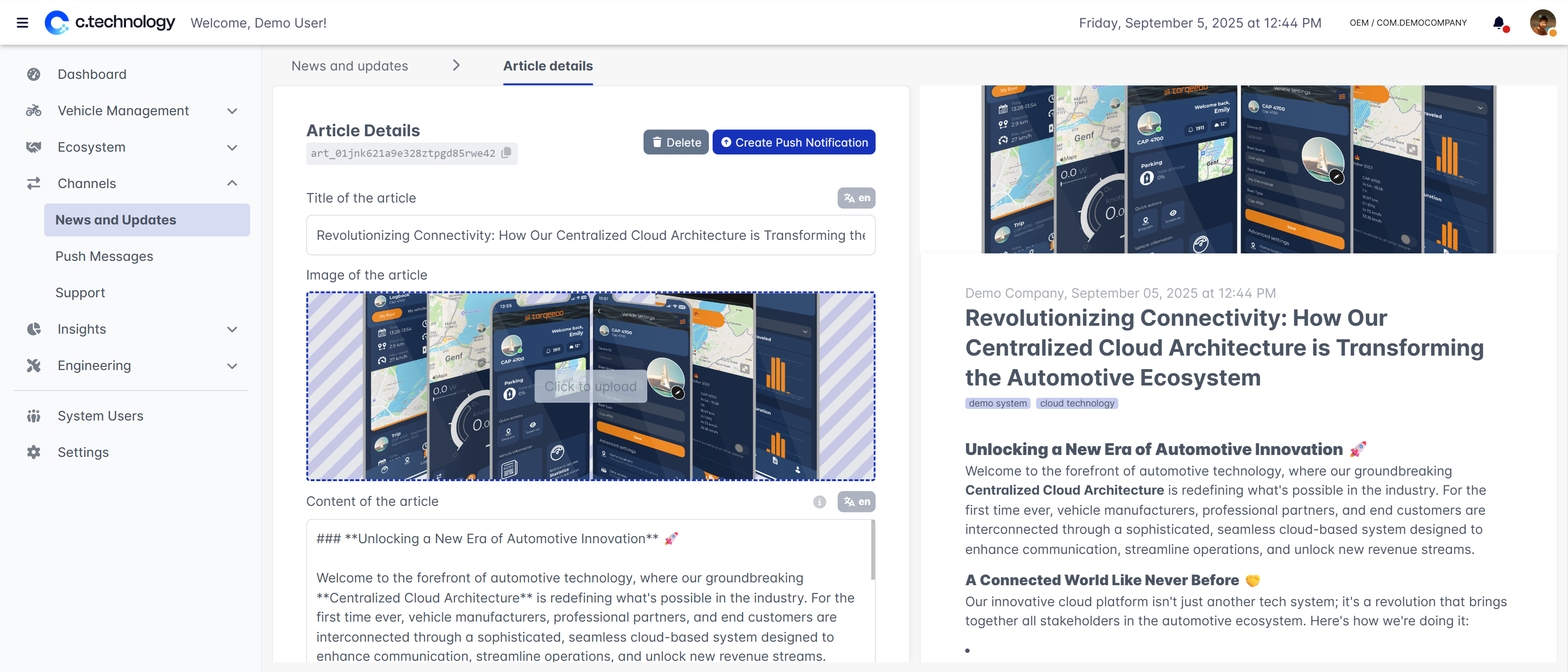 OEM dashboard showing news article details with editing interface