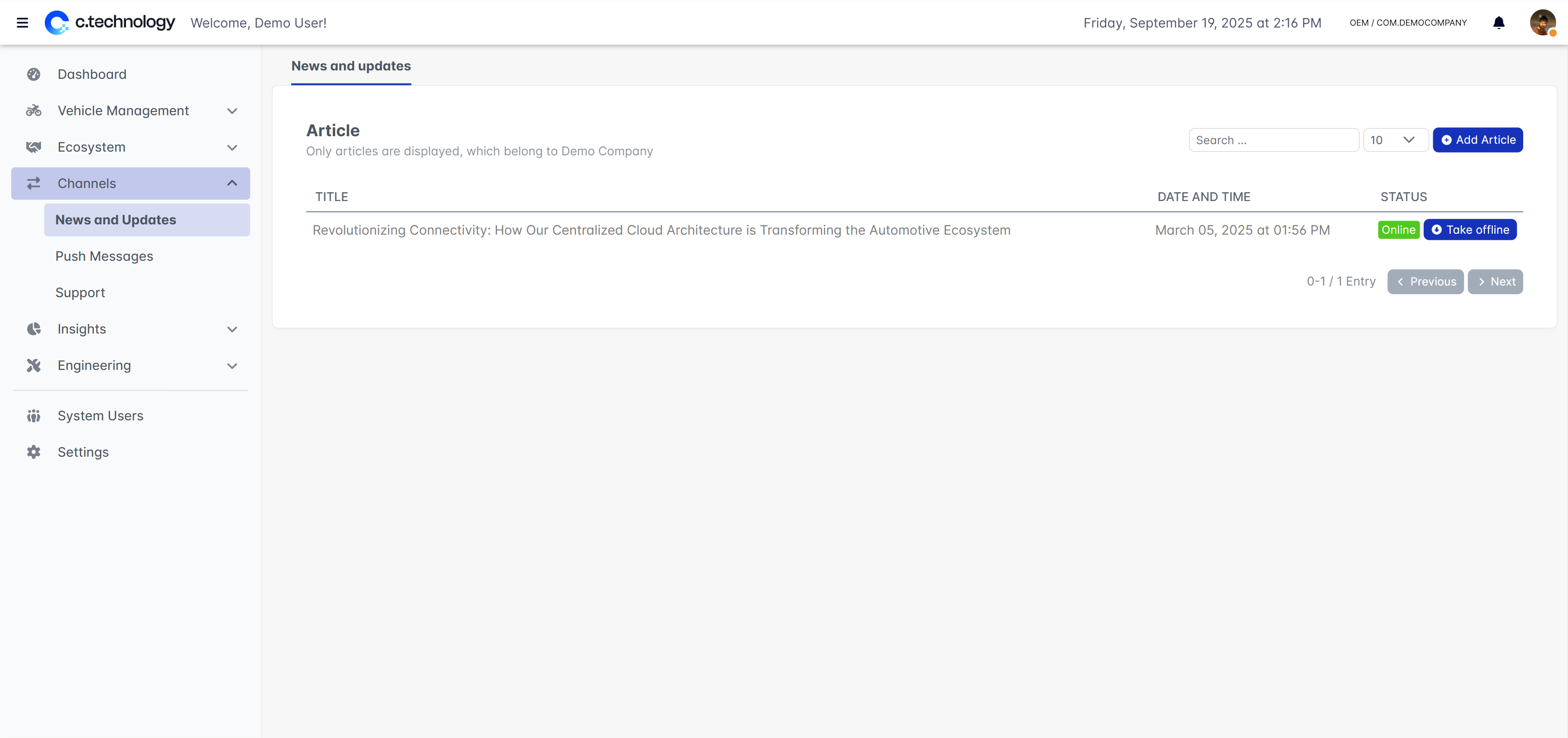 OEM dashboard showing news articles management interface