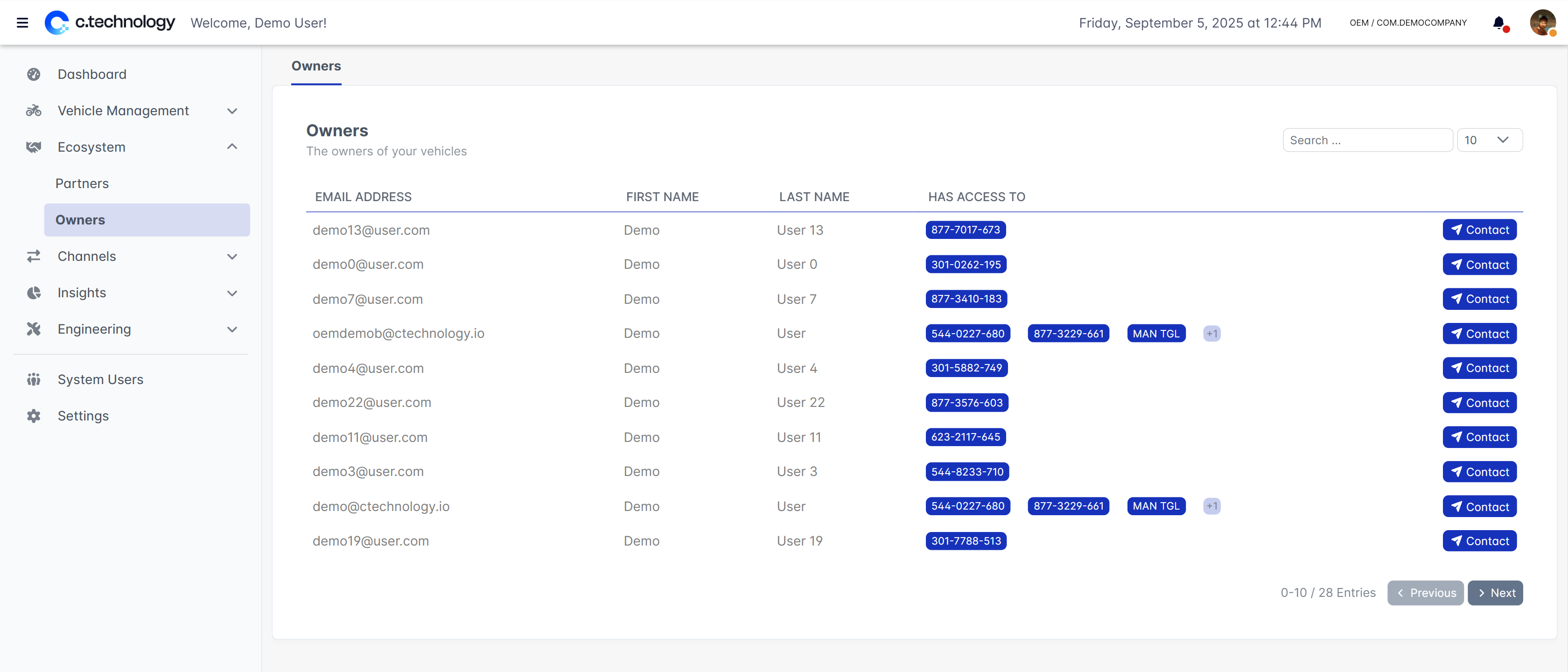OEM dashboard showing customer management interface with vehicle owner contact information